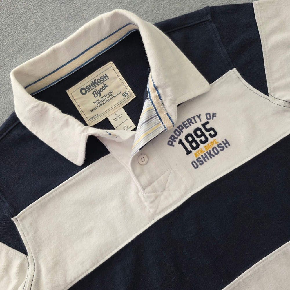 OshKosh Bgosh Boys Navy Blue White Striped Rugby Polo Shirt Size 6 Short Sleeve